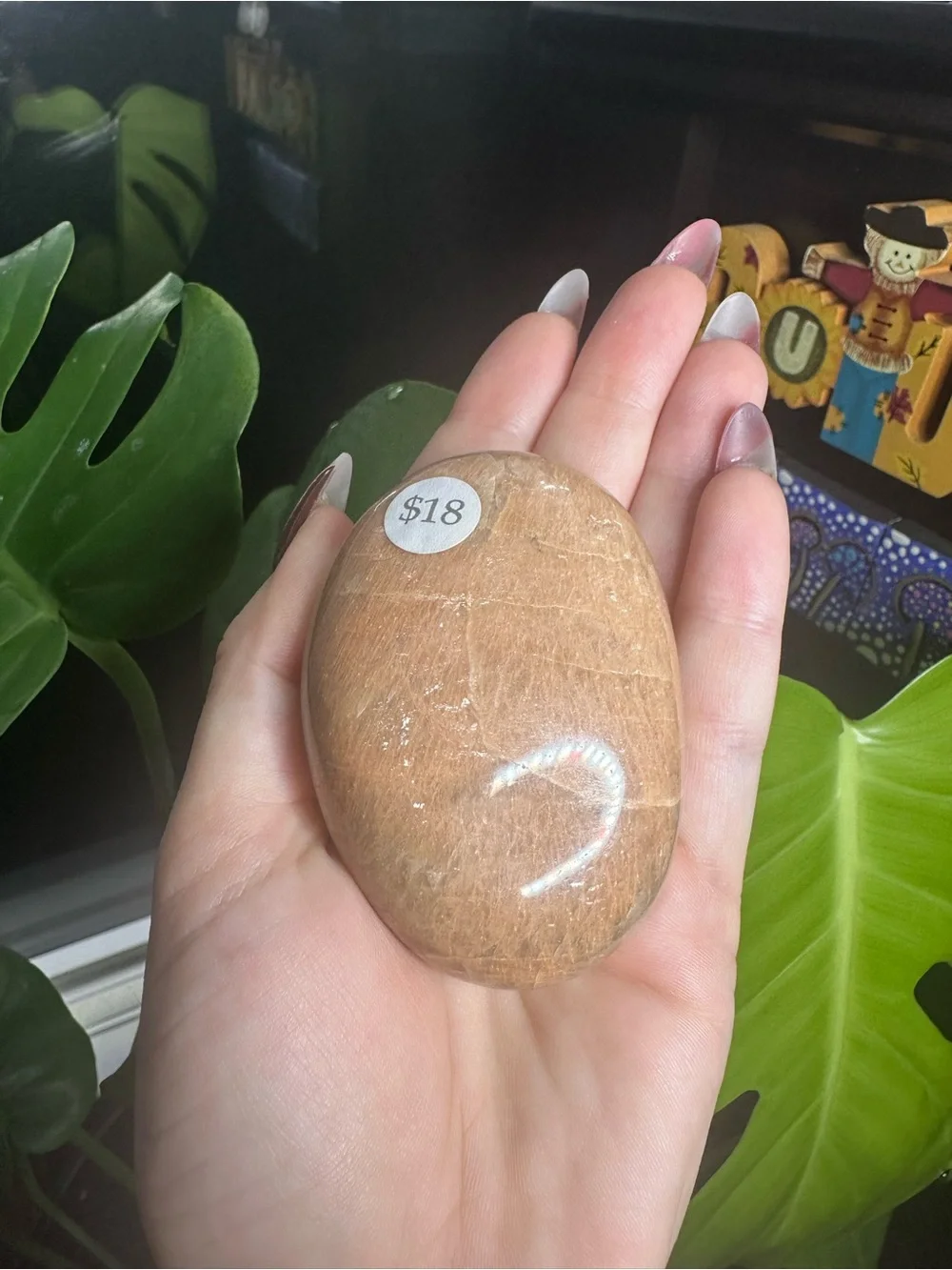 Polished Peach Moonstone Palm Stone - Natural Brown Crystal